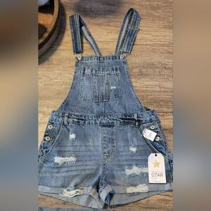 Vanilla Star Blue Distressed Short Overalls